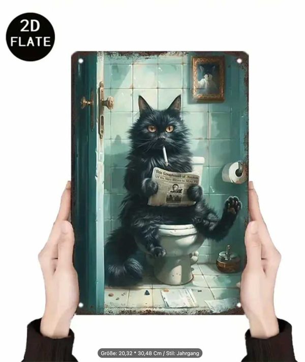 Tin sign Cat with newspaper on the toilet