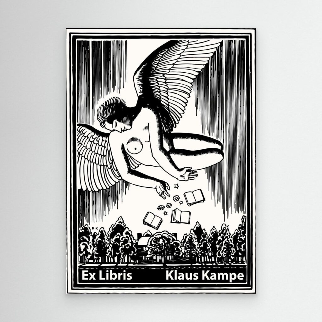 Exlibris Kunstdruck mit Engelmotiv – Personalisiertes Bucheigentumszeichen Klaus Kampe